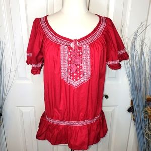 Saint John's BaY, red with white embroidery short sleeve blouse, XL